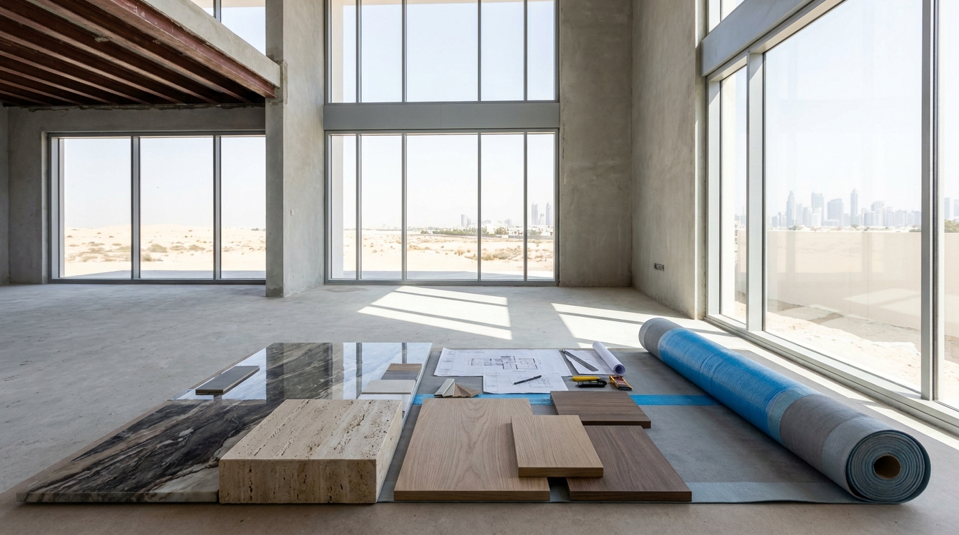 Kitchen and bathroom renovation materials, including porcelain, stone, veneer samples, and waterproofing membranes