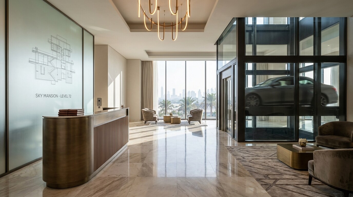 Branded Residences in Dubai: Bugatti, Bentley, Armani, and the Premium on a Door Name visual reference 1 showing Dubai branded residence interior with private car lift concept, hotel style lobby, marble, bronze, and branded service cues without logos