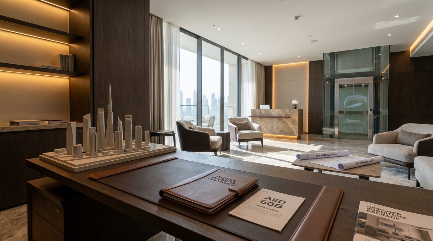 Branded Residences in Dubai: Bugatti, Bentley, Armani, and the Premium on a Door Name visual reference 2 showing market intelligence desk with branded residence comparison, AED 60B note, premium range, and skyline model